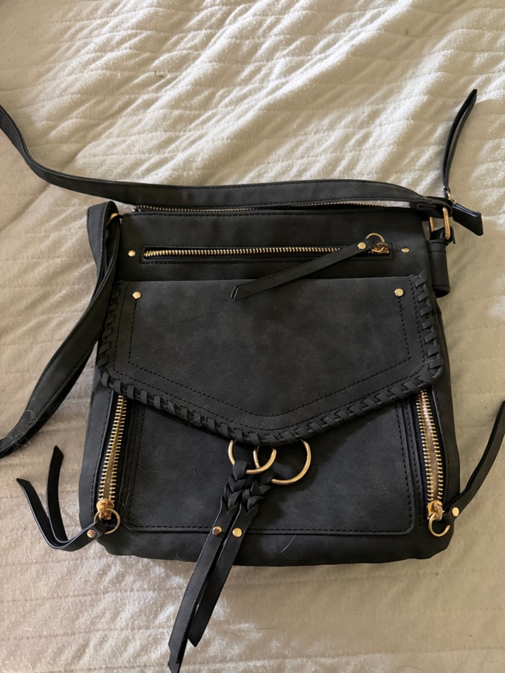 Black Crossbody Shoulder Bag with Braided Flap